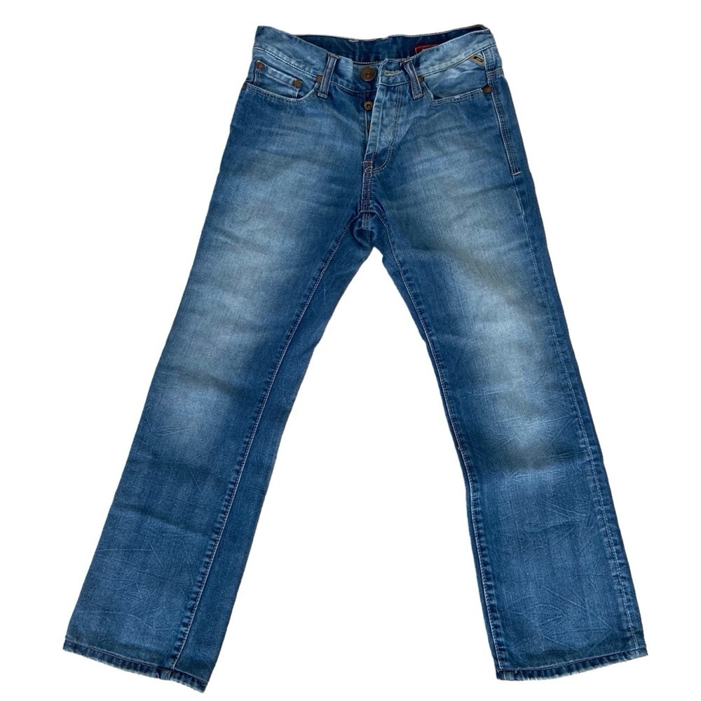 Jack & Jones men jeans button fly blue boot cut contrasting stitches cotton 29